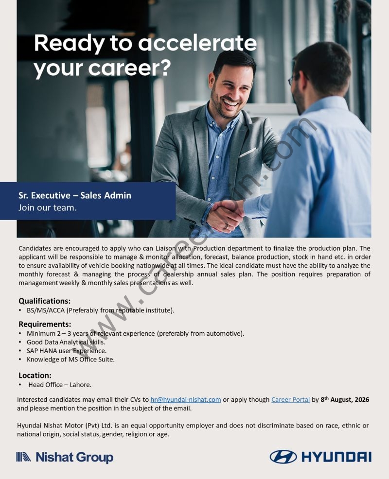 Hyundai Nishat Motor Pvt Ltd Jobs Sr Executive Sales Admin 1