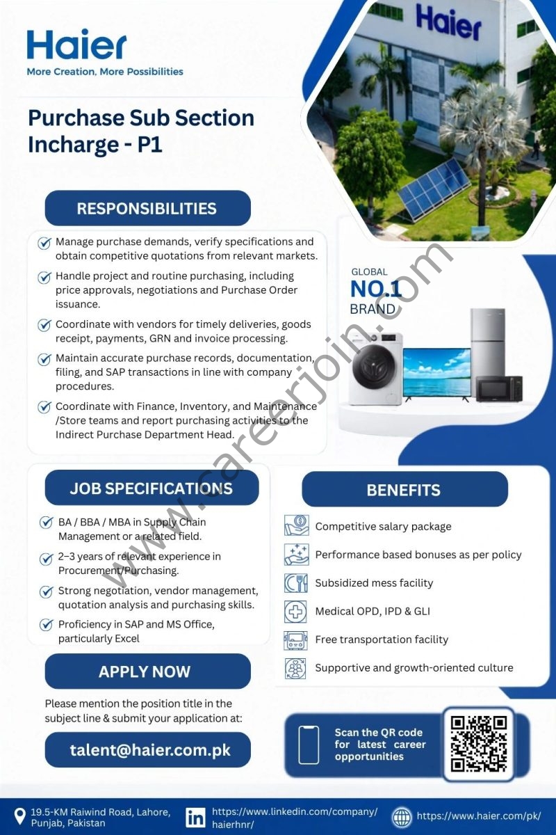Haier Pakistan Jobs Purchase Sub Sec I/C P1  1