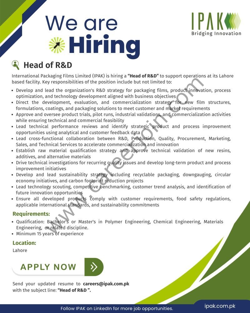 International Packaging Films Limited Jobs Head of R&D 1