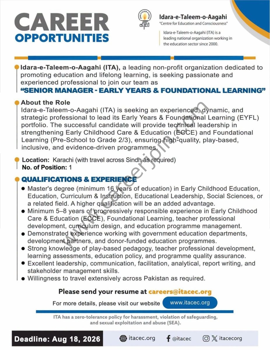 Idara-e-Taleem-o-Aagahi (ITA) Jobs Senior Manager Early Years & Foundational Learning 1