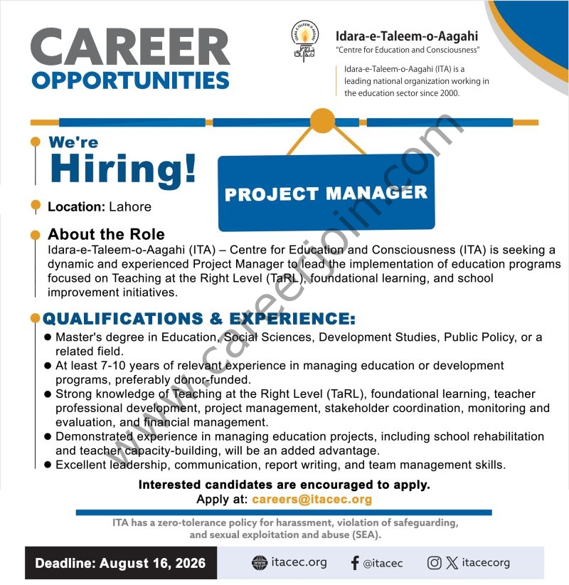 Idara-e-Taleem-o-Aagahi (ITA) Jobs Project Manager 1