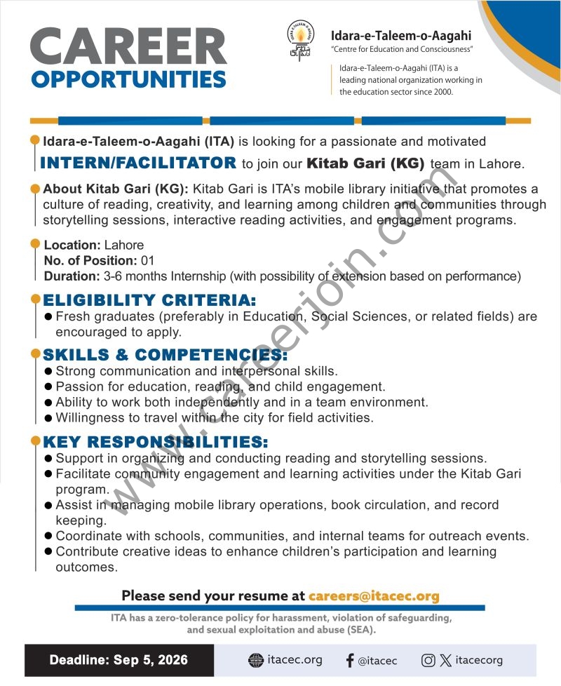 Idara-e-Taleem-o-Aagahi (ITA) Jobs Intern / Facilitator 1