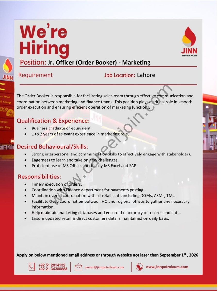 JINN Petroleum Jobs Jr Officer (Order Booker) Marketing 1