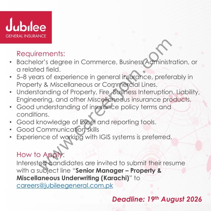 Jubilee General Insurance Company Jobs Senior Manager Property & Miscellaneous Underwriting 2