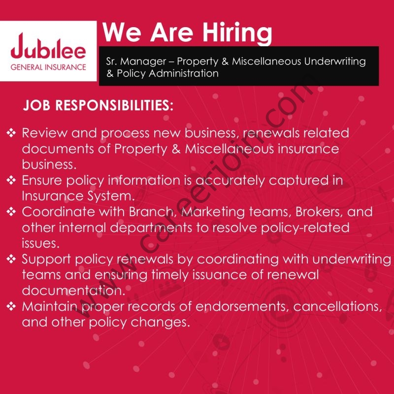 Jubilee General Insurance Company Jobs Senior Manager Property & Miscellaneous Underwriting 1