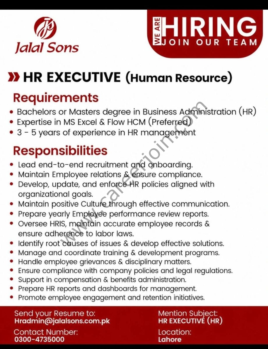 Jalal Sons Pvt Ltd Jobs HR Executive 1
