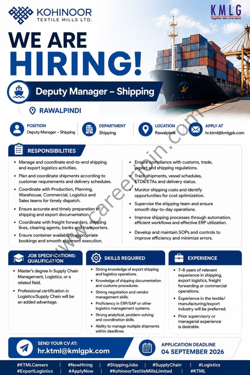 Kohinoor Textile Mills Limited Jobs Deputy Manager Shipping 1