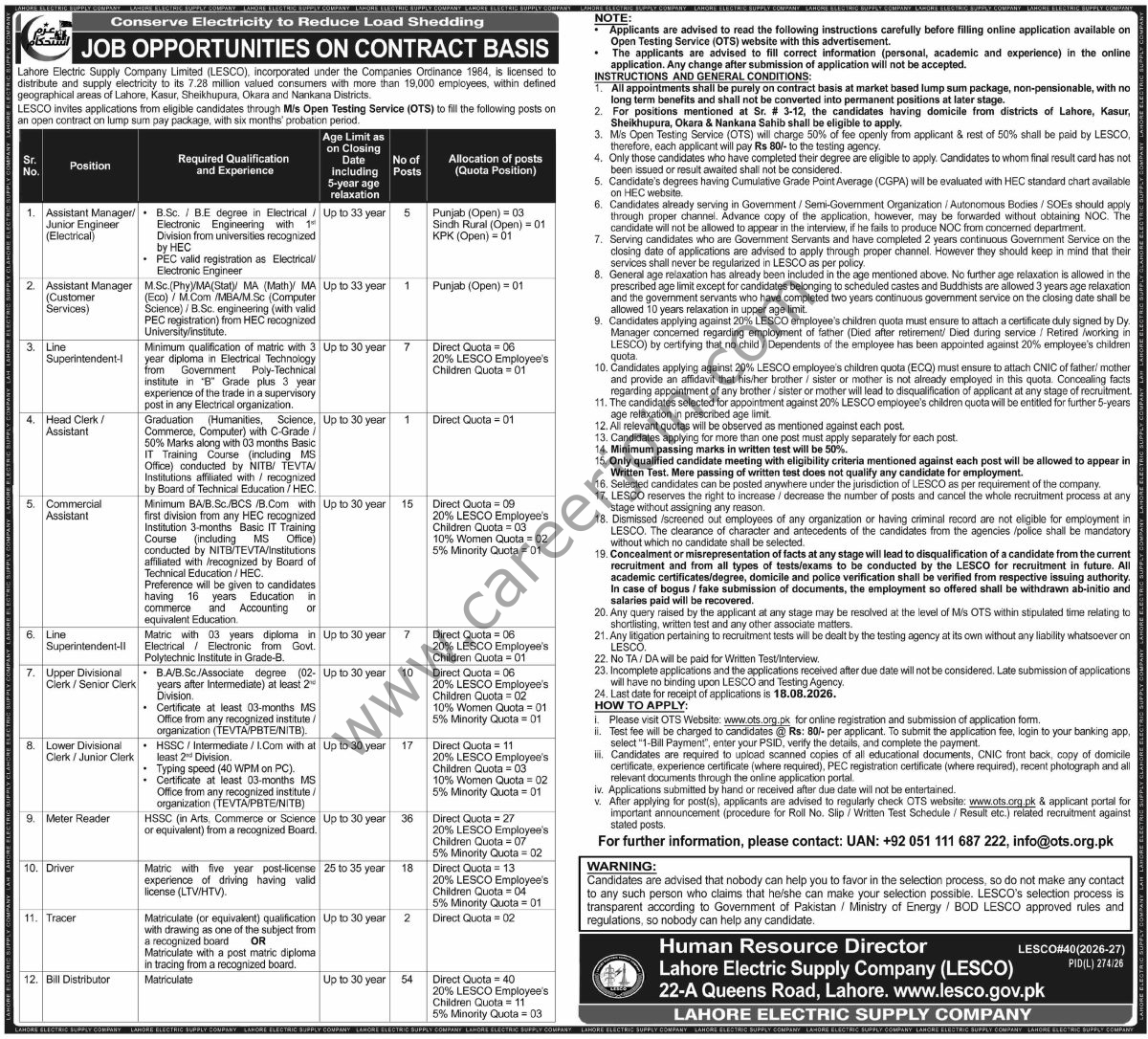 Lahore Electric Supply Co Ltd LESCO Jobs 02 August 2026 Dawn 1