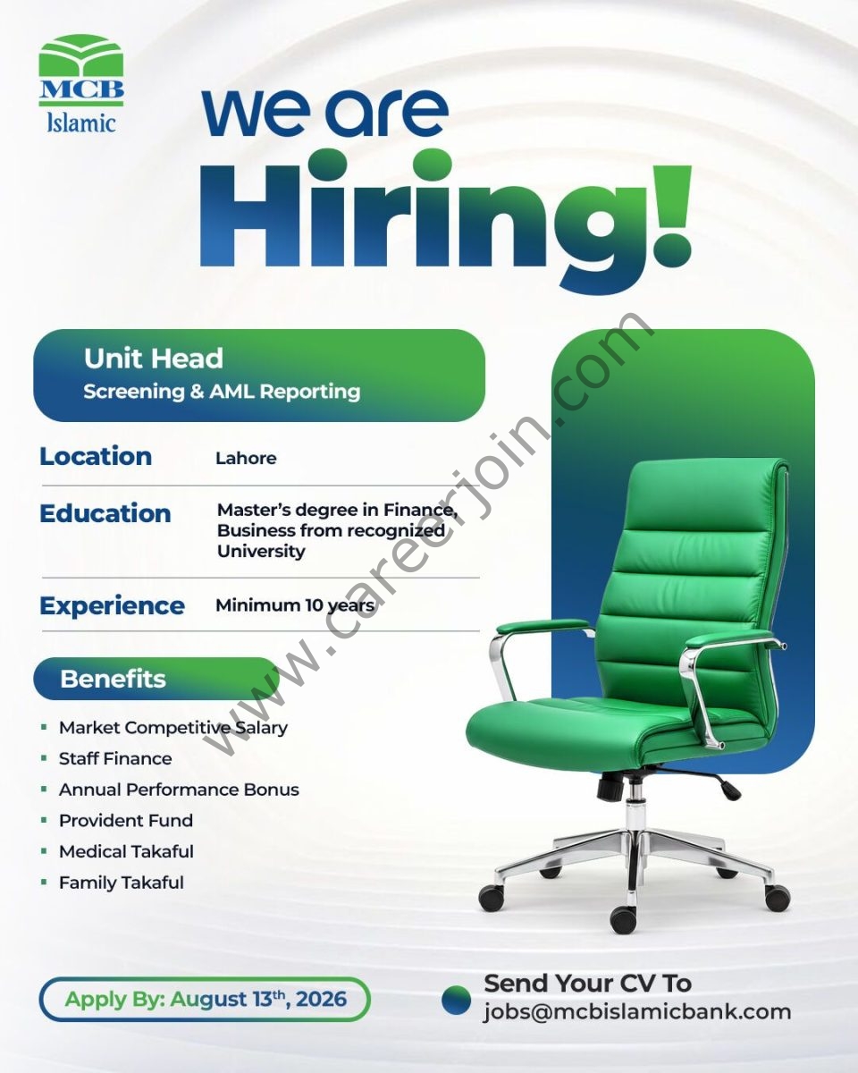 MCB Islamic Bank Jobs Unit Head Screening & AML Reporting 1