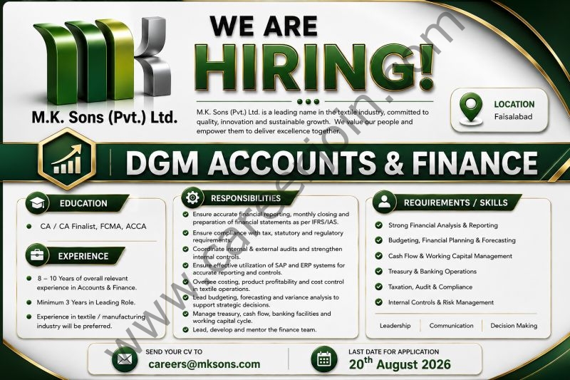 MK Sons Pvt Ltd Jobs DGM Accounts & Finance 1