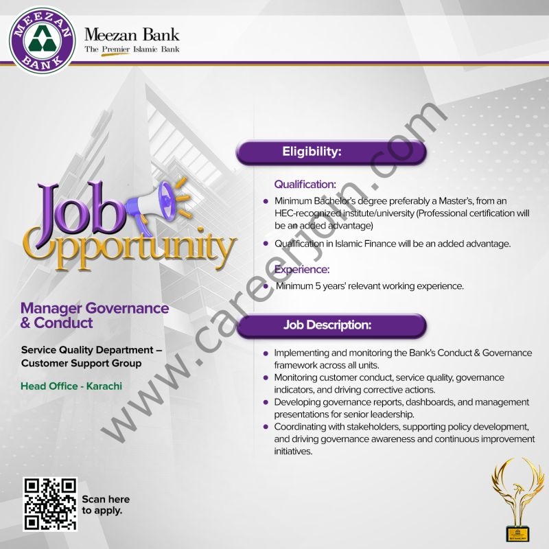 Meezan Bank Limited Jobs Manager Governance & Conduct 1