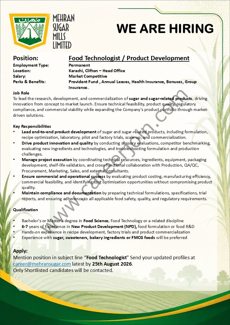 Mehran Sugar Mills Limited Jobs Food Technologist / Product Development 1