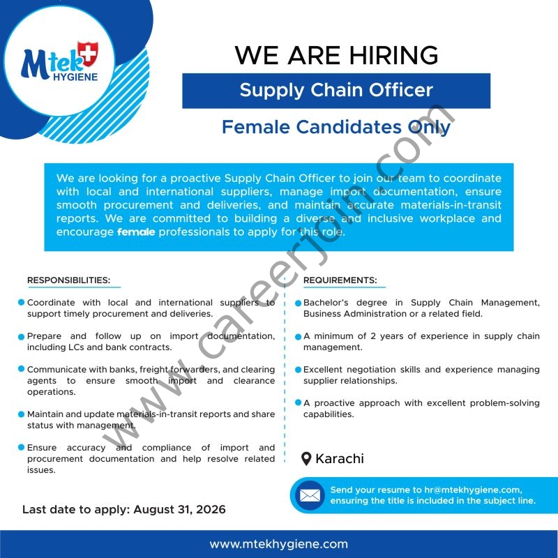 MTEK Hygiene Pvt Ltd Jobs Female Supply Chain Officer 1