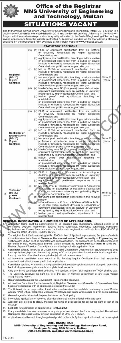 Muhammad Nawaz Sharif University of Engineering & Technology MNS UET Jobs 16 August 2026 Dawn 1