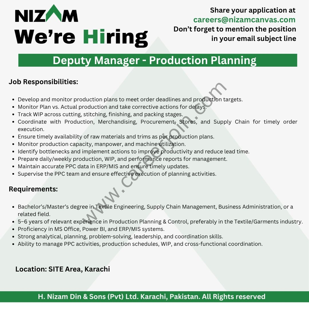 Nizam Din & Sons (Pvt) Ltd Jobs Deputy Manager Production Planning 1