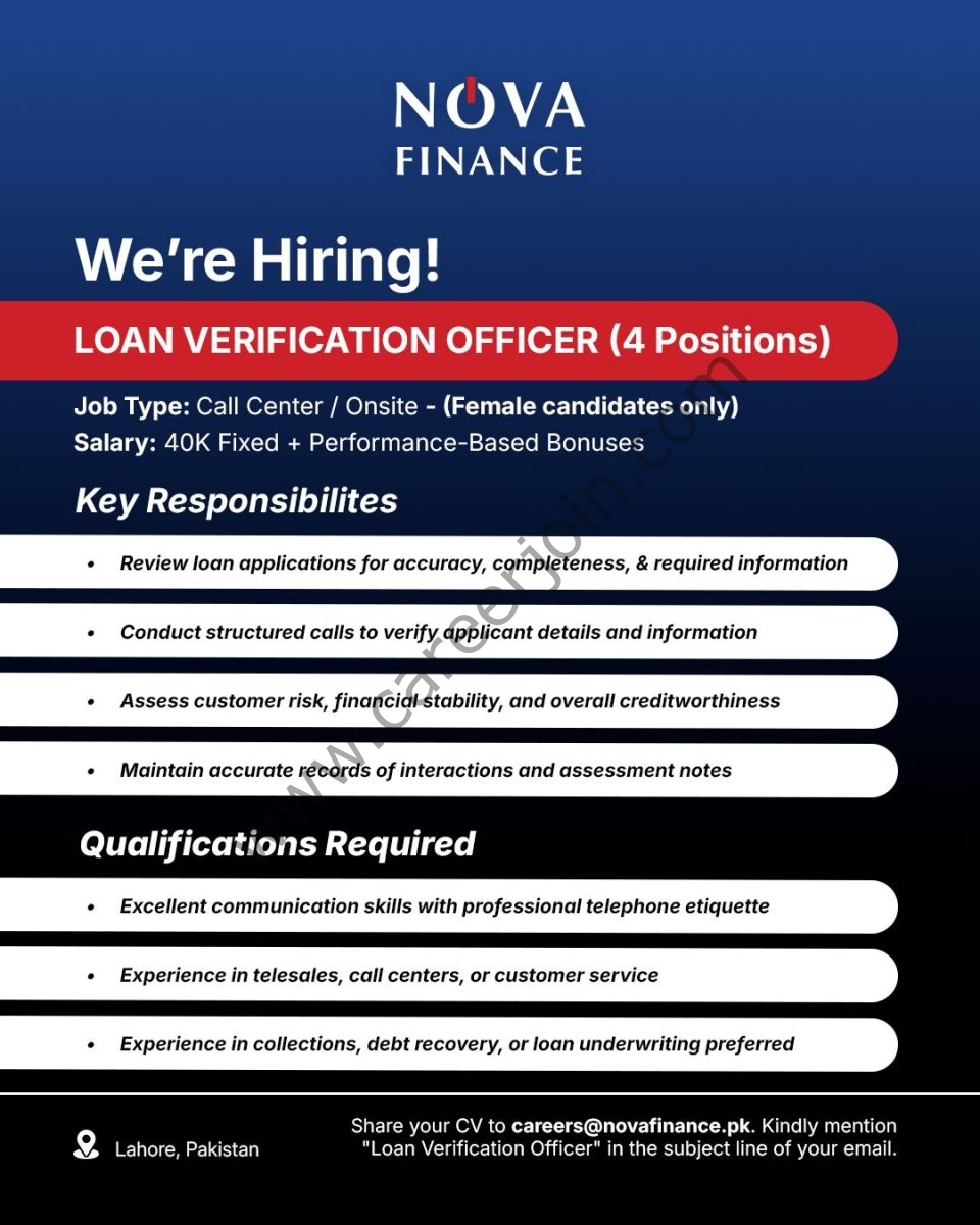 NOVA Finance Jobs Loan Verification Officers 1