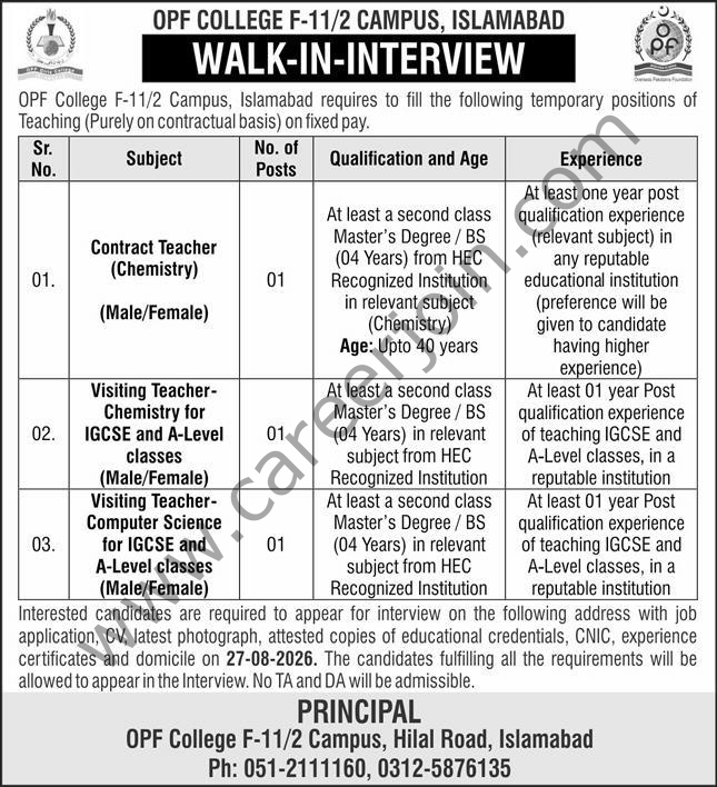 OPF College Islamabad Jobs 15 August 2026 Express 4