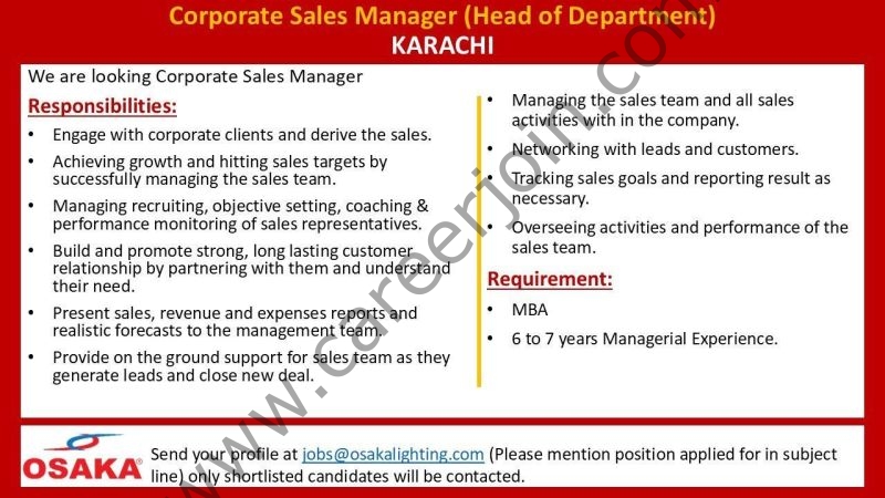 Osaka Lighting Jobs Corporate Sales Manager 1