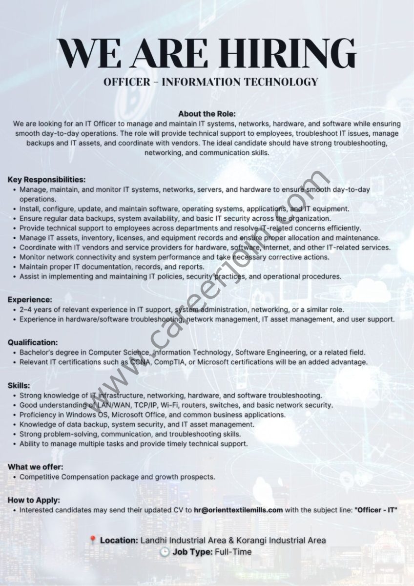 Orient Textile Mills Jobs Officer Information Technology  1