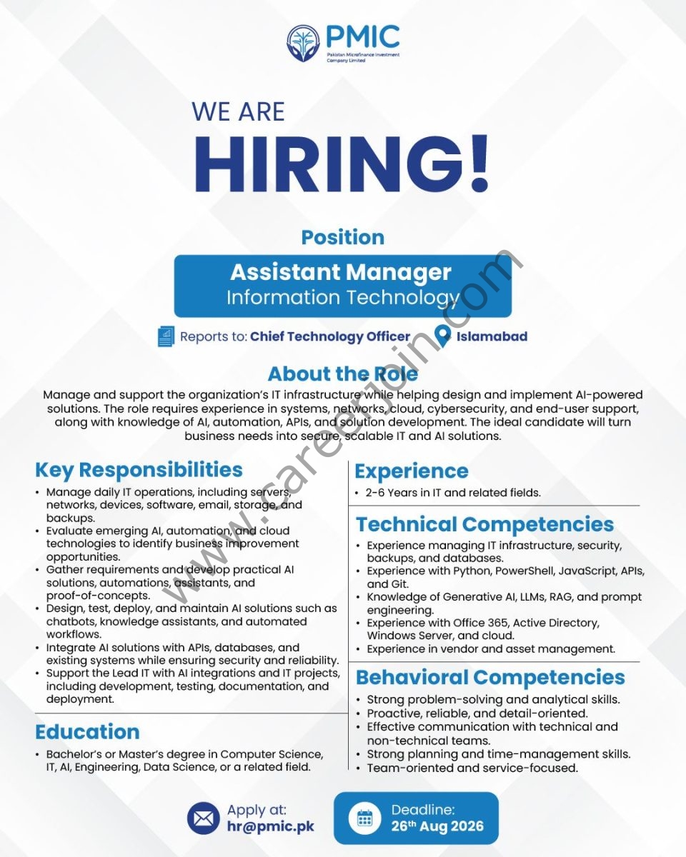 Pakistan Microfinance Investment Company Limited PMIC Jobs Assistant Manager Information Technology 1