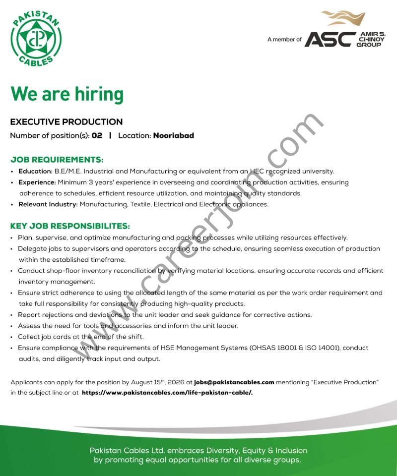 Pakistan Cables Limited Jobs Executive Production 1
