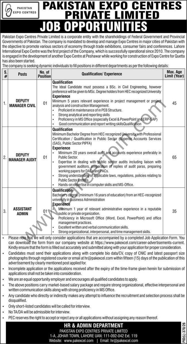 Pakistan Expo Centres Pvt Ltd Jobs 12 August 2026 Express 1