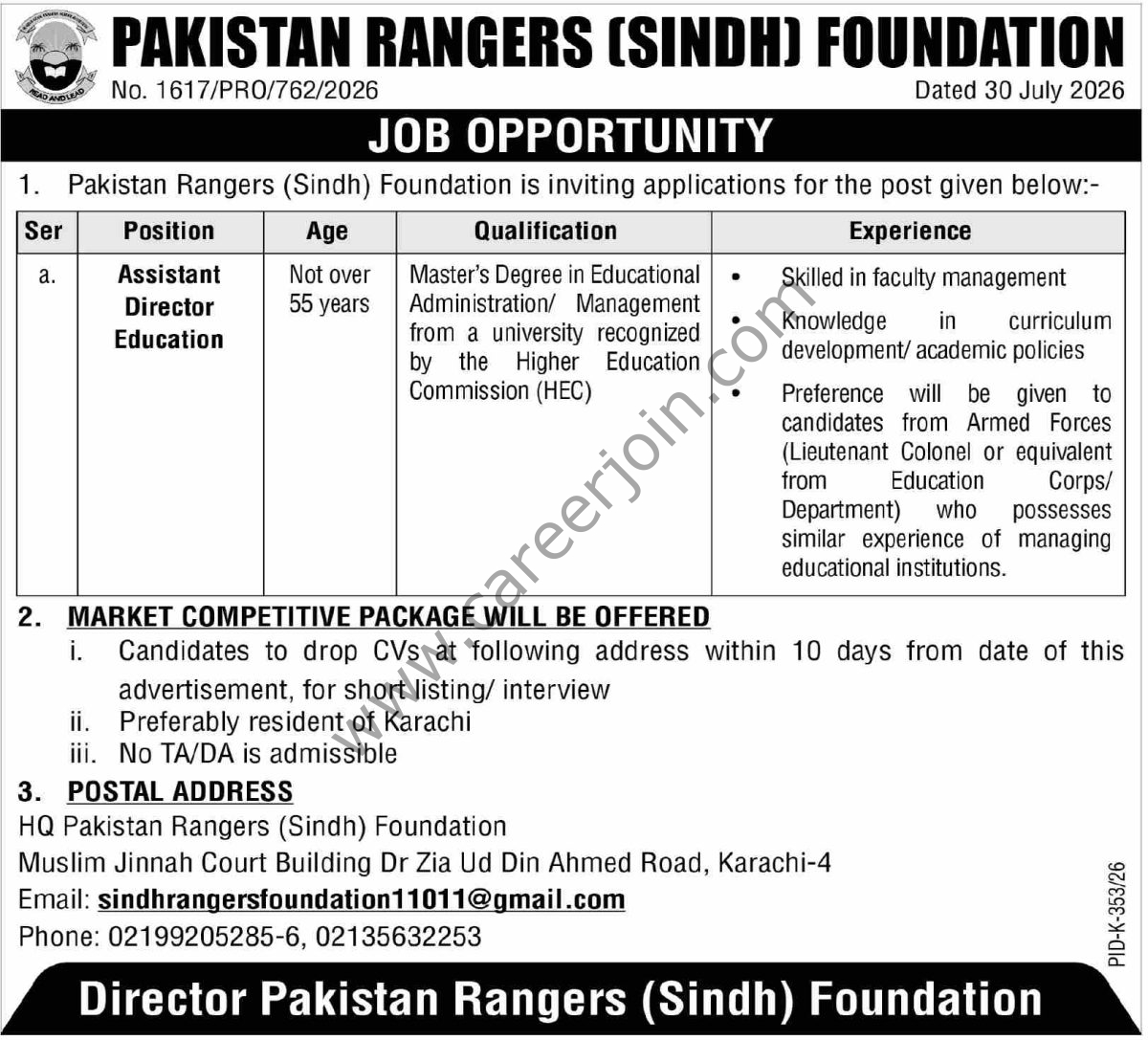 Pakistan Rangers Sindh Foundation Jobs 02 August 2026 Dawn 1
