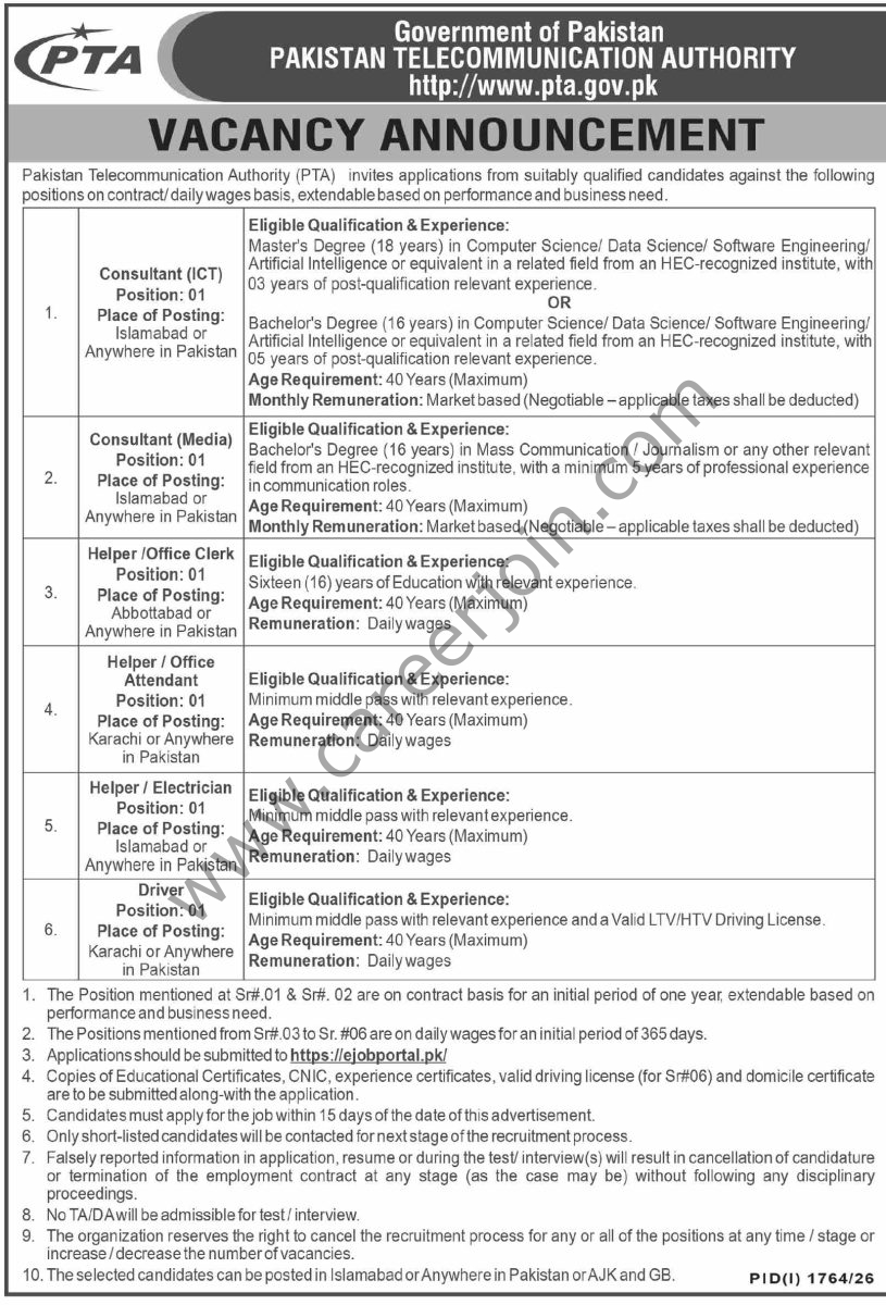 Pakistan Telecommunication Authority PTA Jobs 23 August 2026 Dawn 1