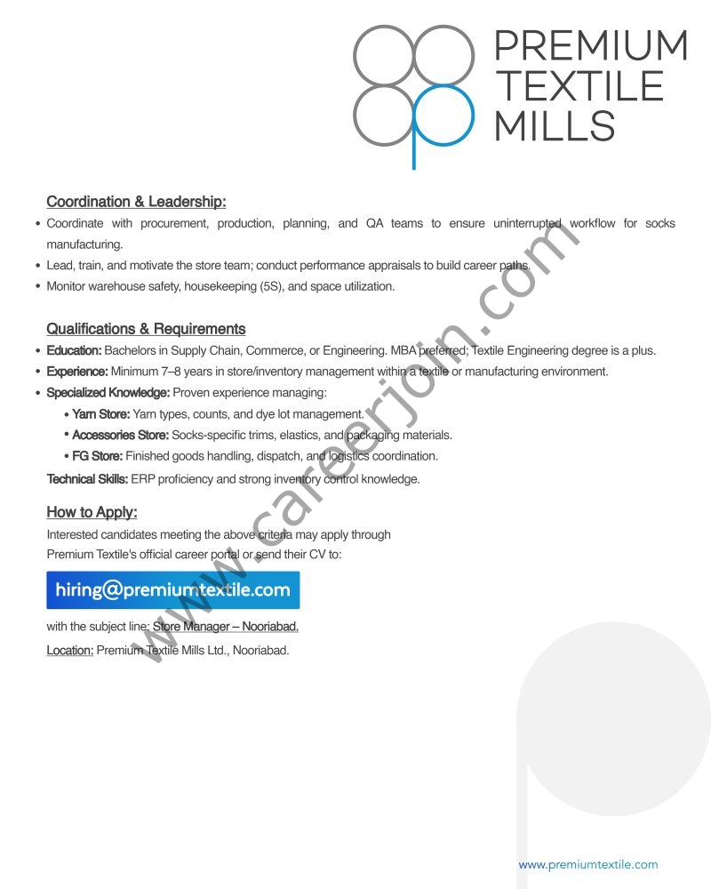 Premium Textile Mills Ltd Jobs Store Manager/Sr Manager 2