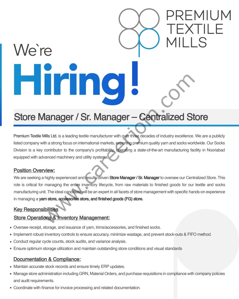 Premium Textile Mills Ltd Jobs Store Manager/Sr Manager 1