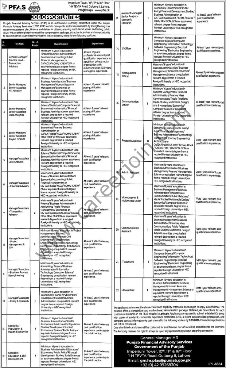 Punjab Financial Advisory Services PFAS Jobs 25 August 2026 Express 1