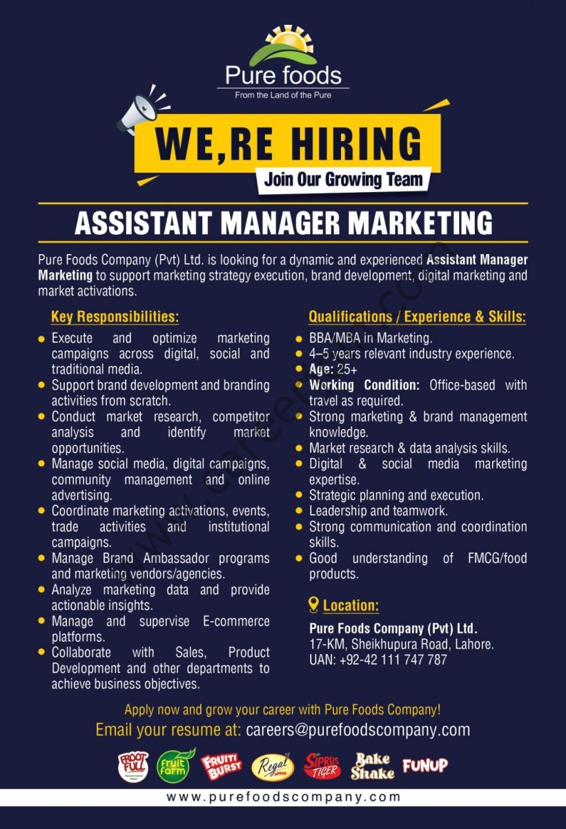 Pure Foods Company (Pvt) Ltd Jobs Assistant Manager Marketing 1