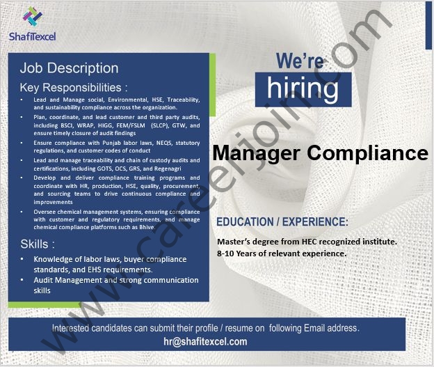 Shafi Texcel Pvt Ltd Jobs Manager Compliance 1