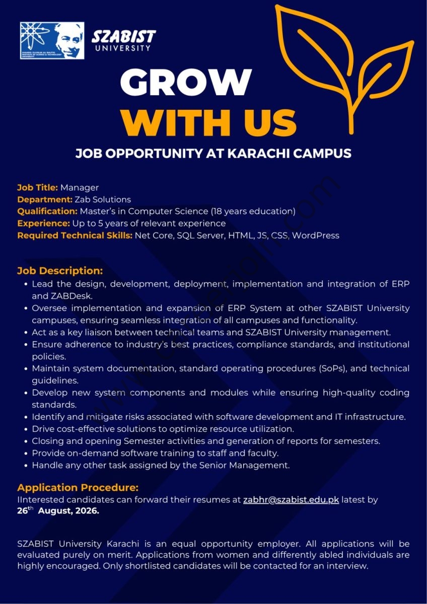 SZABIST University Jobs Manager 1