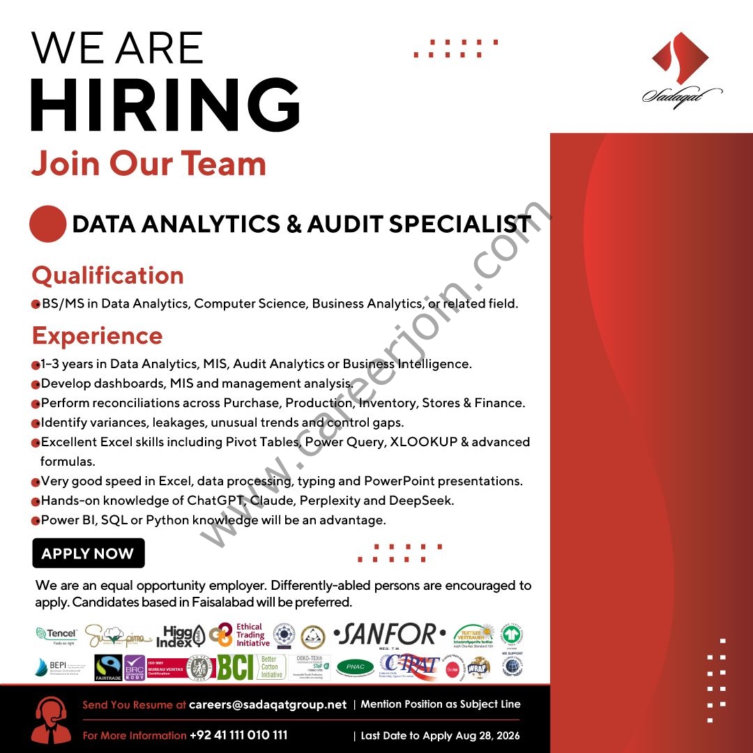 Sadaqat Limited Jobs Data Analytics & Audit Specialist 1