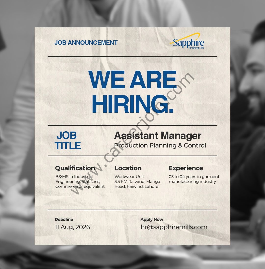 Sapphire Finishing Mills Jobs Assistant Manager Production Planning & Control 1