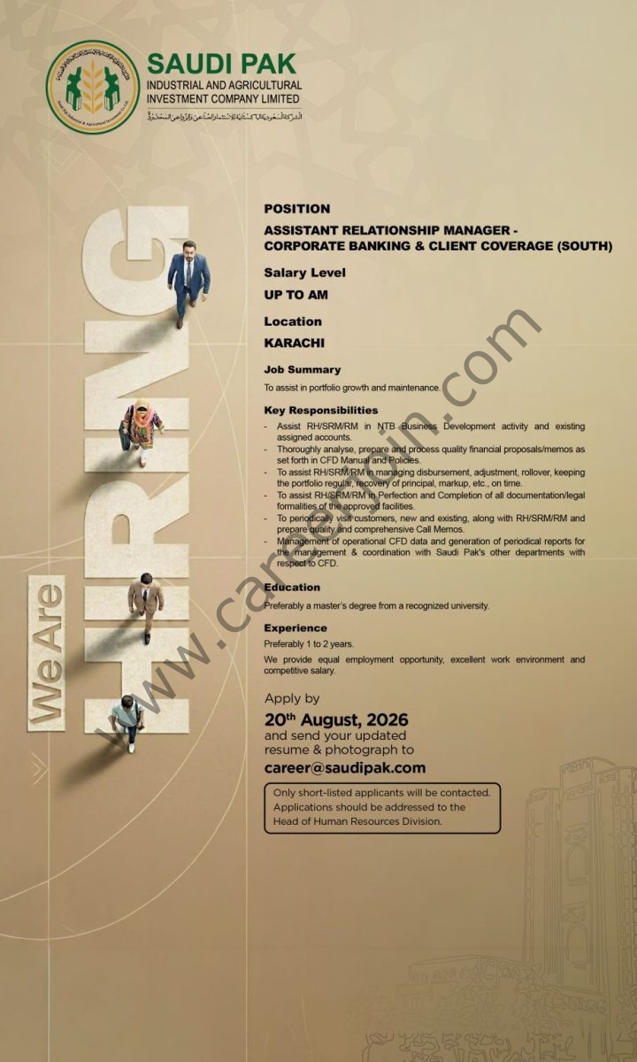 Saudi Pak Industrial & Agricultural Investment Company Limited Jobs Assistant Relationship Manager Corporate Banking & Client Coverage  1