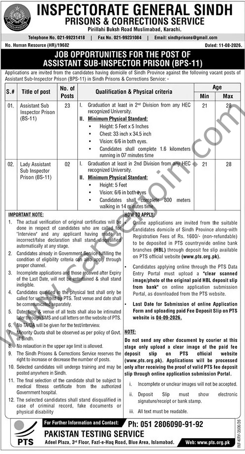 Sindh Prisons & Corrections Service Jobs 14 August 2026 Express 1