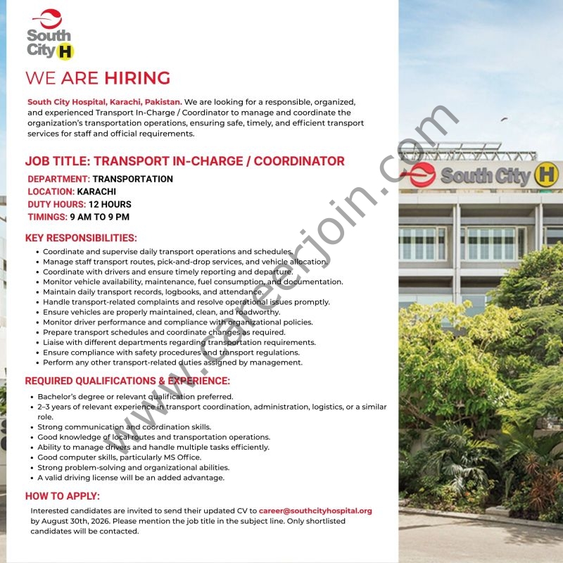 South City Hospital Jobs Transport Incharge / Coordinator 1