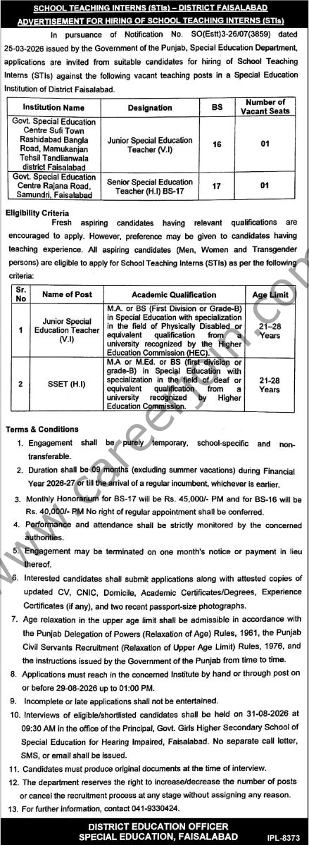 Special Education Department Punjab Jobs 15 August 2026 Express 1