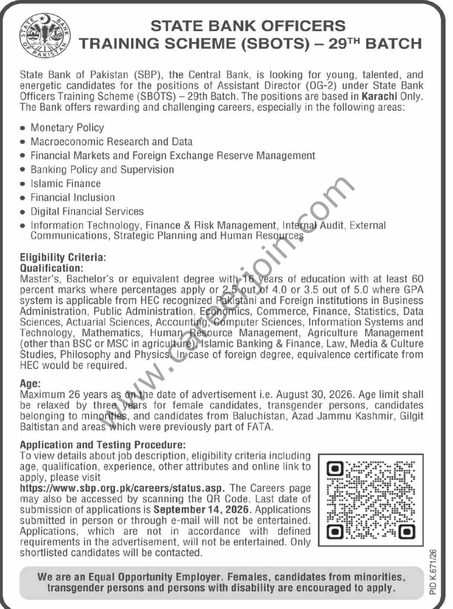 State Bank Officers Training Scheme SBOTS Jobs 30 August 2026 Dawn 1