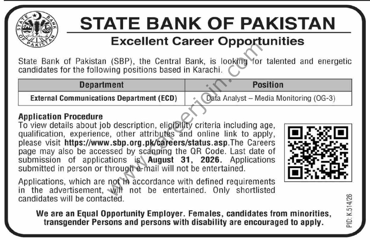 State Bank of Pakistan SBP Jobs 16 August 2026 Dawn 1