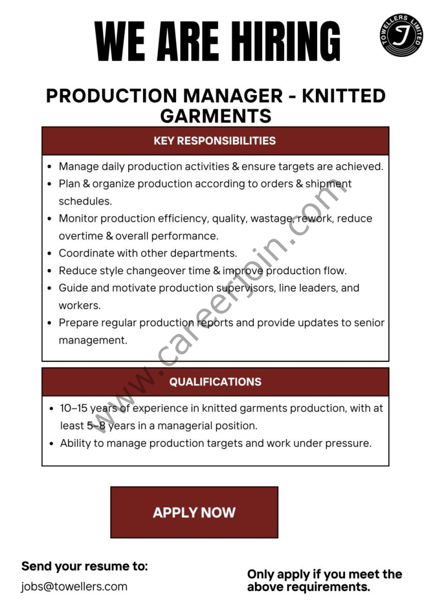 Towellers Pvt Ltd Jobs Production Manager 1