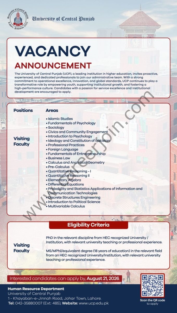 University of Central Punjab UCP Jobs August 2026 1
