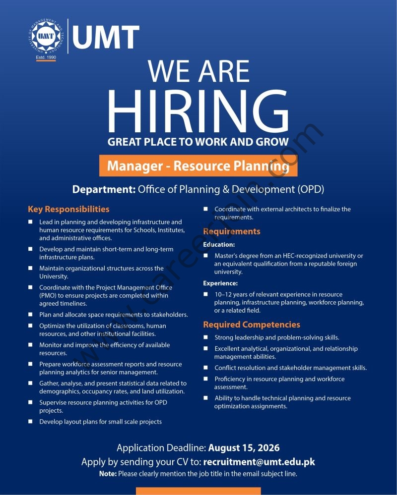 University of Management Technology UMT Jobs Manager Resource Planning 1