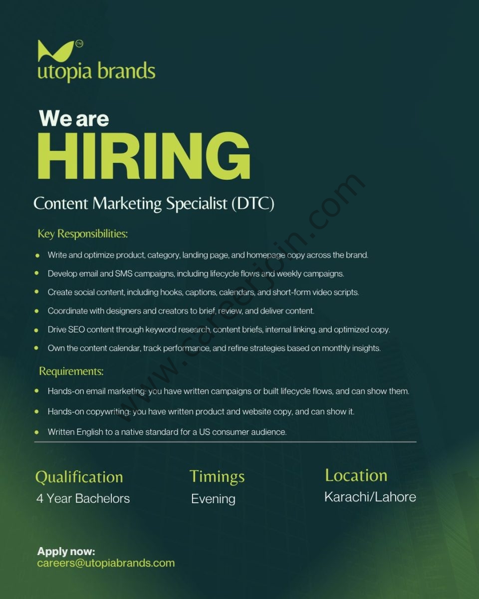 Utopia Brands Pakistan Jobs Content Marketing Specialist  1