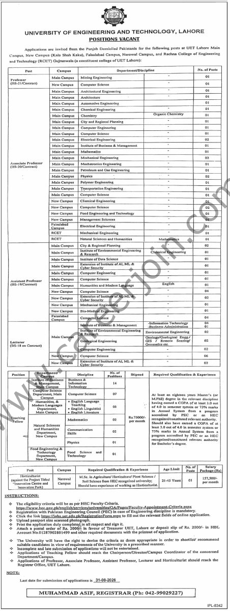 University of Engineering & Technology UET Lahore Jobs 15 August 2026 Dawn 3