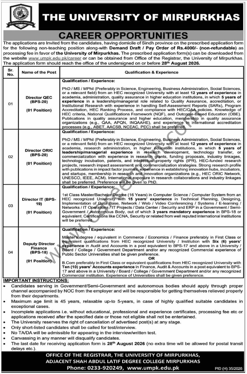 University of Mirpurkhas Jobs 12 August 2026 Dawn 1