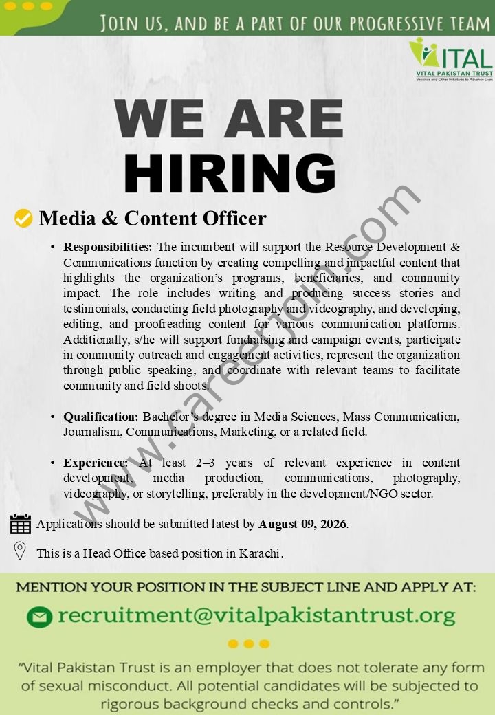 VITAL Pakistan Trust Jobs Media & Content Officer 1