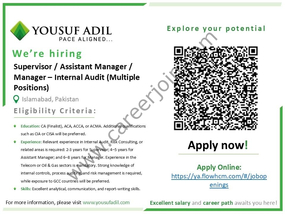 Yousuf Adil Chartered Accountants Jobs Supervisor / Assistant Manager / Manager Internal Audit 1